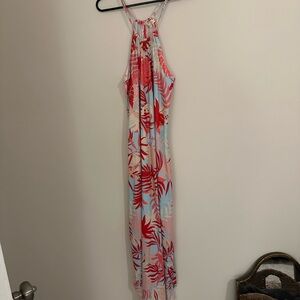 Sleeveless Tropical Print Maxi Dress in Coral and Light Blue